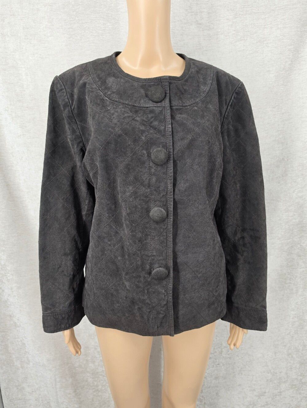 Chico's Suede Leather Dark Brown Quilted Jacket Women's Button-Front Coat Y2K
